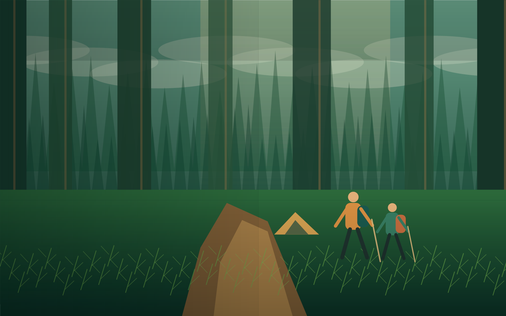 Outdoor hikers walking through an old-growth forest campsite